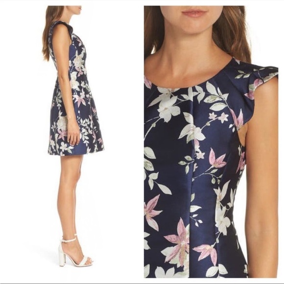 1901 Blue Floral Jacquard Cap Sleeve A-Line Cocktail Mini Dress Size 10 - Picture 2 of 9